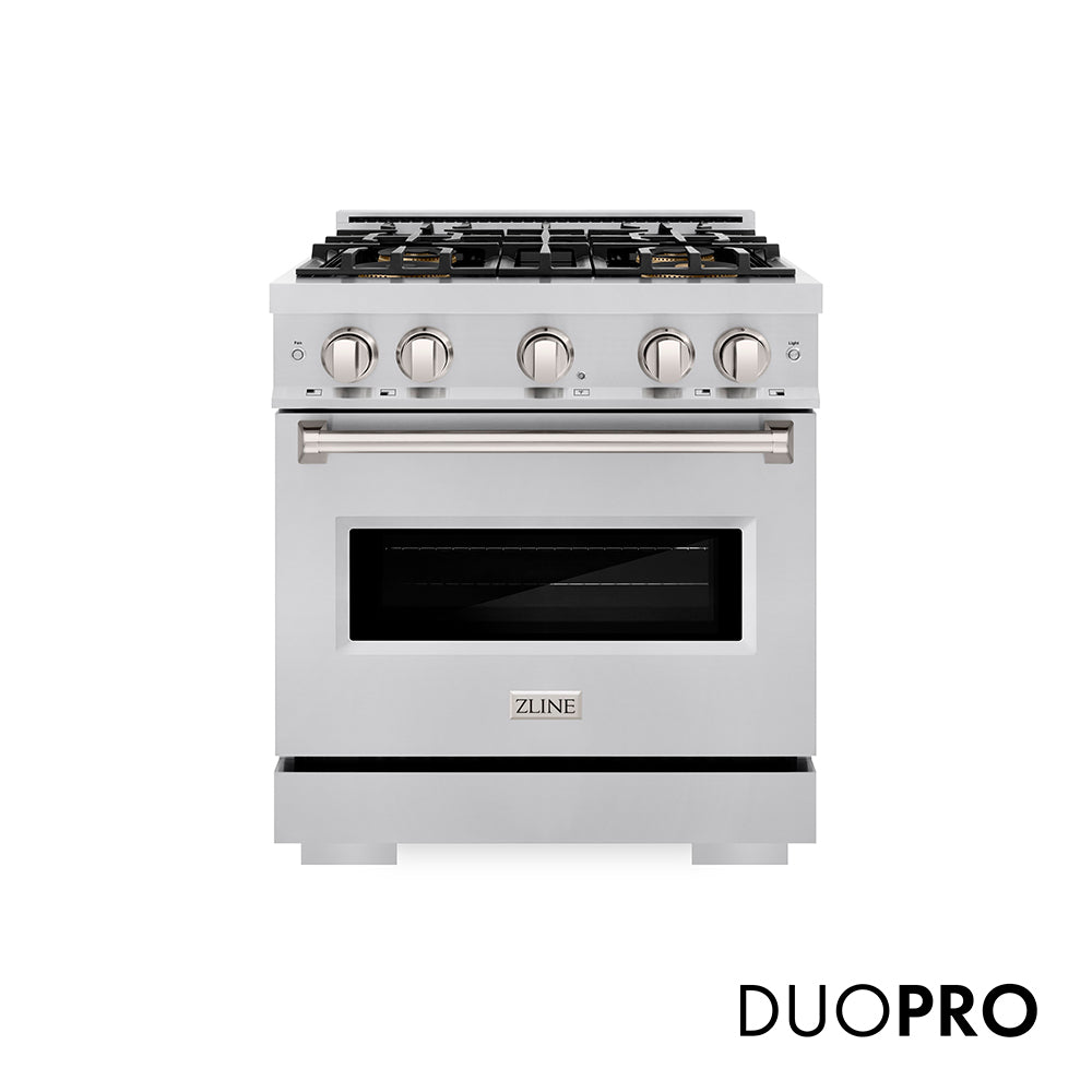 ZLINE 30 in. 4.2 cu. ft. Classic Dual Fuel Range with 4 Burner DuoPro™ Cooktop and Electric Convection Oven in Stainless Steel (PCDR30) front, with DuoPro™ logo.