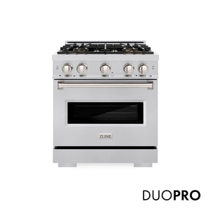 ZLINE 30 in. 4.2 cu. ft. Classic Dual Fuel Range with 4 Burner DuoPro™ Cooktop and Electric Convection Oven in Stainless Steel (PCDR30) front, with DuoPro™ logo.