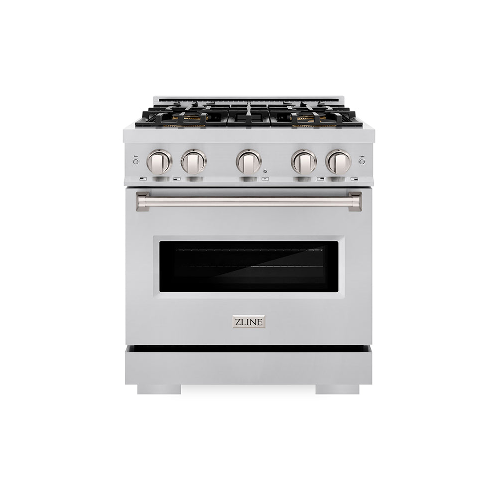 ZLINE 30 in. 4.2 cu. ft. Classic Dual Fuel Range with 4 Burner DuoPro™ Cooktop and Electric Convection Oven in Stainless Steel (PCDR30) front.