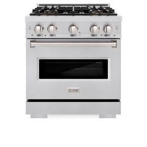 ZLINE 30 in. 4.2 cu. ft. Classic Dual Fuel Range with 4 Burner DuoPro™ Cooktop and Electric Convection Oven in Stainless Steel (PCDR30) front, oven closed.