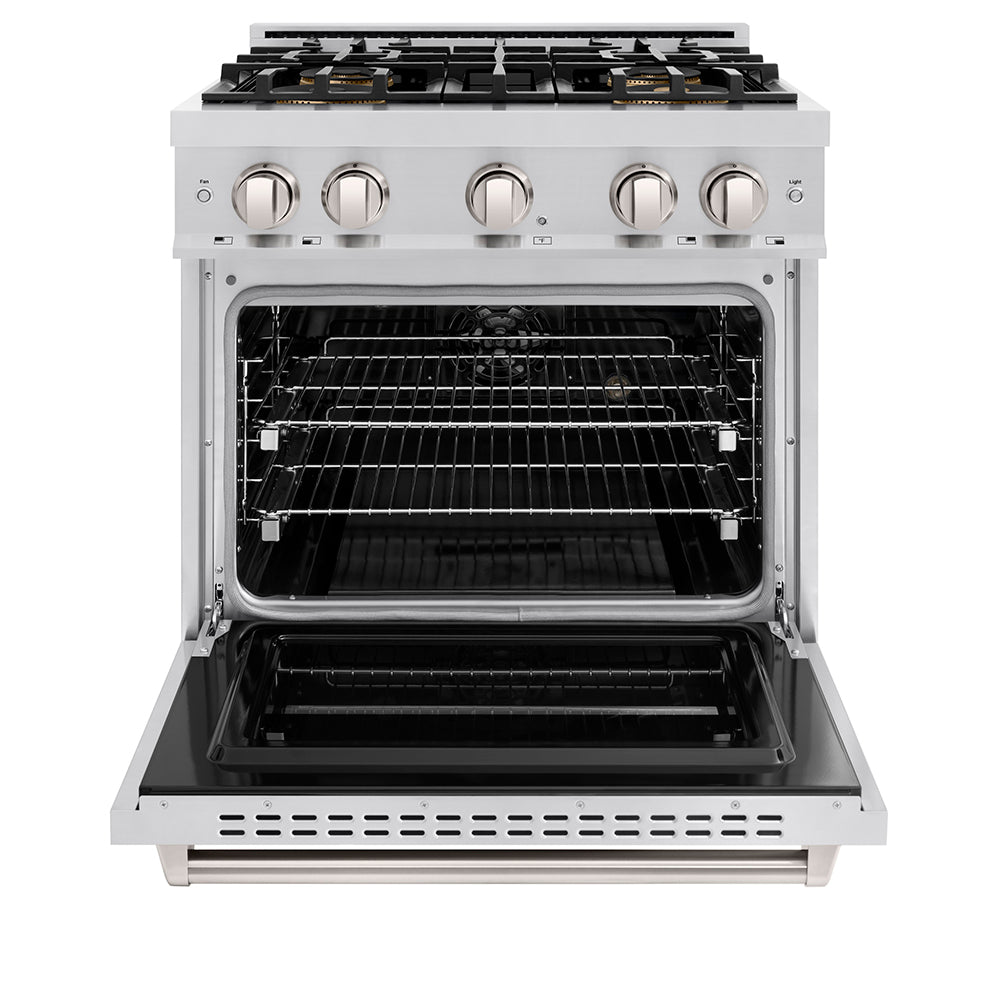 ZLINE 30 in. 4.2 cu. ft. Classic Dual Fuel Range with 4 Burner DuoPro™ Cooktop and Electric Convection Oven in Stainless Steel (PCDR30) front, oven open.