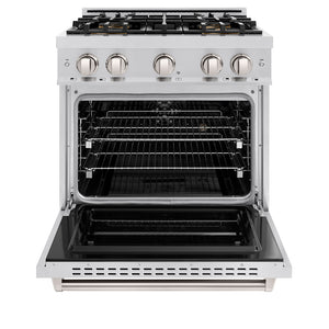 ZLINE 30 in. 4.2 cu. ft. Classic Dual Fuel Range with 4 Burner DuoPro™ Cooktop and Electric Convection Oven in Stainless Steel (PCDR30) front, oven open.