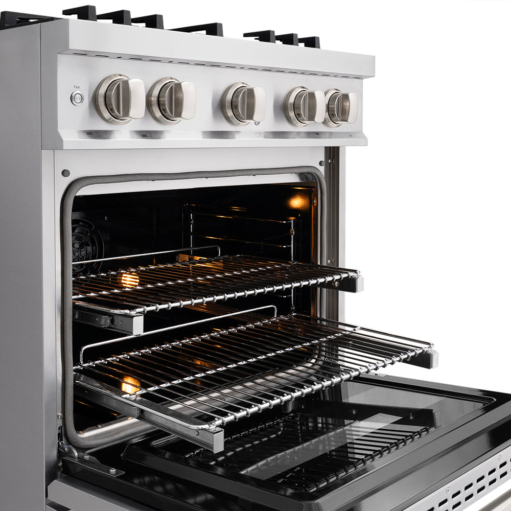 ZLINE 30 in. 4.2 cu. ft. Classic Dual Fuel Range with 4 Burner DuoPro™ Cooktop and Electric Convection Oven in Stainless Steel (PCDR30) open oven with racks inside, showing interior design and layout.