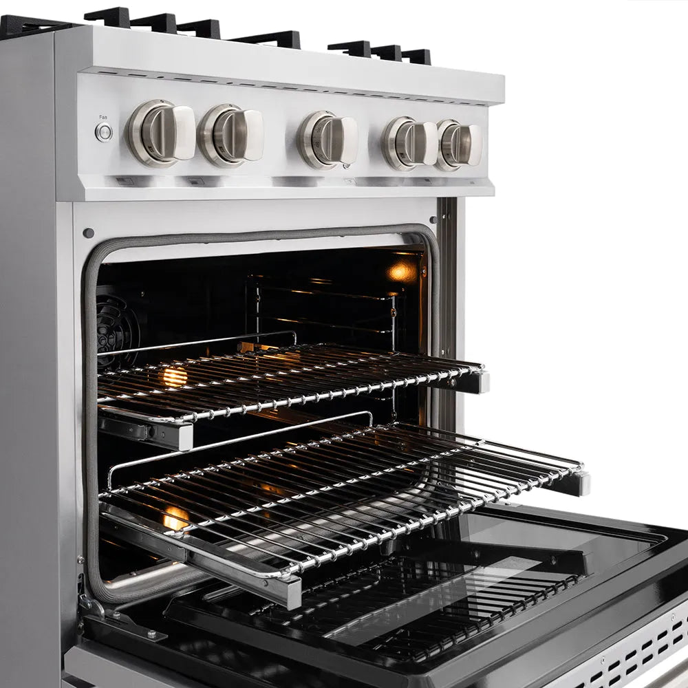 ZLINE 30 in. 4.2 cu. ft. Classic Dual Fuel Range with 4 Burner DuoPro™ Cooktop and Electric Convection Oven in Stainless Steel (PCDR30) open oven with racks inside, showing interior design and layout.