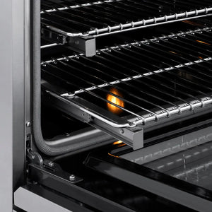 ZLINE 30 in. 4.2 cu. ft. Classic Dual Fuel Range with 4 Burner DuoPro™ Cooktop and Electric Convection Oven in Stainless Steel (PCDR30) close-up, Smooth Glide oven racks.