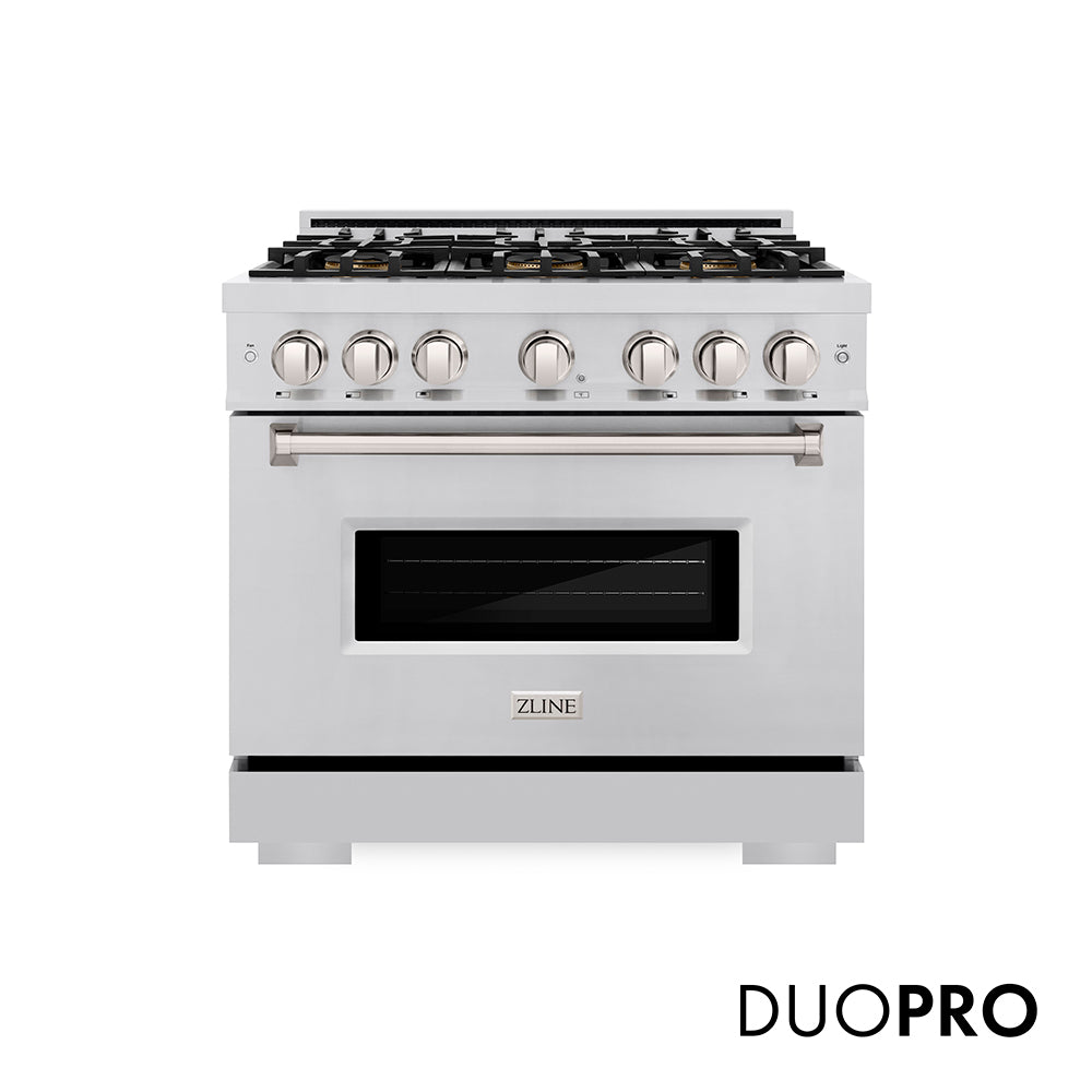ZLINE 36 in. 5.2 cu. ft. Classic Dual Fuel Range with 6 Burner DuoPro™ Cooktop and Electric Convection Oven in Stainless Steel (PCDR36) front, with DuoPro™ logo.