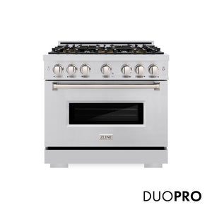 ZLINE 36 in. 5.2 cu. ft. Classic Dual Fuel Range with 6 Burner DuoPro™ Cooktop and Electric Convection Oven in Stainless Steel (PCDR36) front, with DuoPro™ logo.