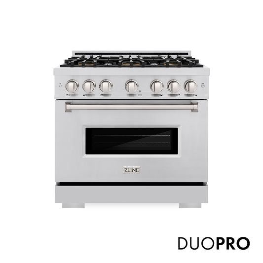 ZLINE 36 in. 5.2 cu. ft. Classic Dual Fuel Range with 6 Burner DuoPro™ Cooktop and Electric Convection Oven in Stainless Steel (PCDR36) front, with DuoPro™ logo.
