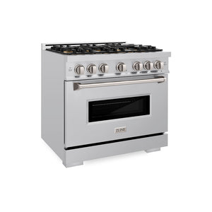 ZLINE 36 in. 5.2 cu. ft. Classic Dual Fuel Range with 6 Burner DuoPro™ Cooktop and Electric Convection Oven in Stainless Steel (PCDR36) side.