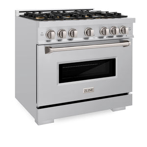 ZLINE 36 in. 5.2 cu. ft. Classic Dual Fuel Range with 6 Burner DuoPro™ Cooktop and Electric Convection Oven in Stainless Steel (PCDR36) side, oven closed.