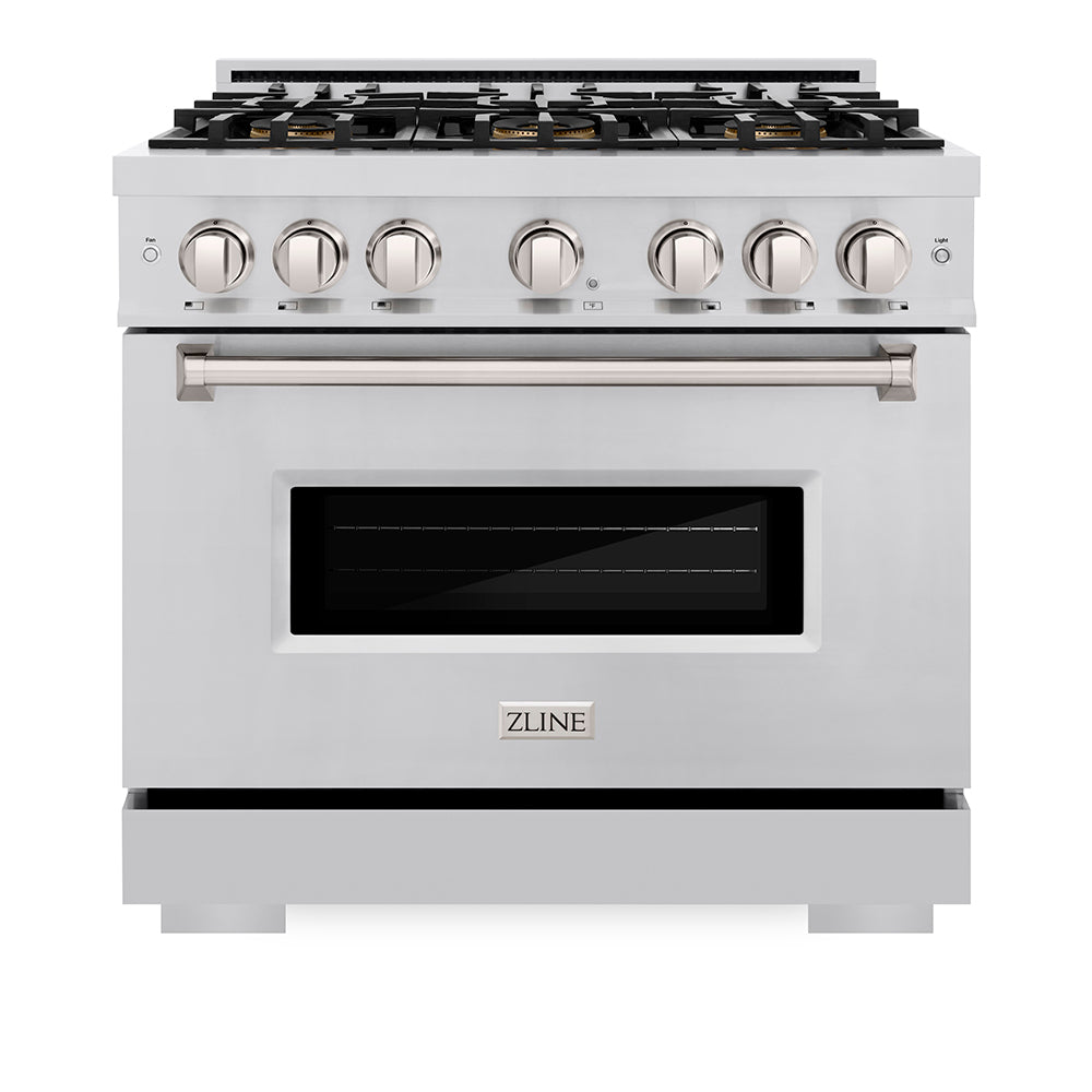 ZLINE 36 in. 5.2 cu. ft. Classic Dual Fuel Range with 6 Burner DuoPro™ Cooktop and Electric Convection Oven in Stainless Steel (PCDR36) front, oven closed.