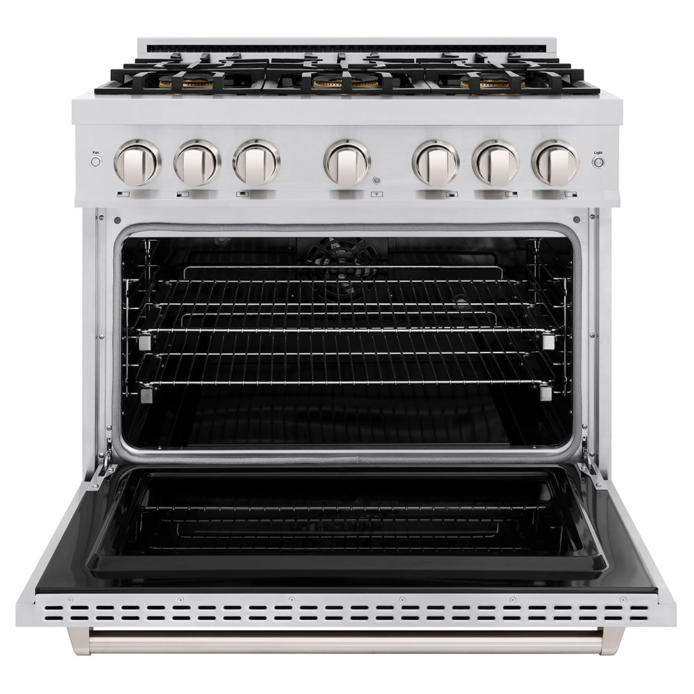 ZLINE 36 in. 5.2 cu. ft. Classic Dual Fuel Range with 6 Burner DuoPro™ Cooktop and Electric Convection Oven in Stainless Steel (PCDR36) front, oven open.