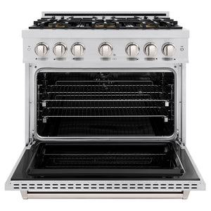 ZLINE 36 in. 5.2 cu. ft. Classic Dual Fuel Range with 6 Burner DuoPro™ Cooktop and Electric Convection Oven in Stainless Steel (PCDR36) front, oven open.