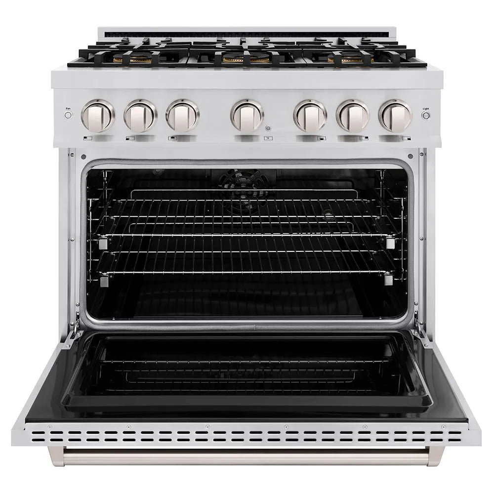 ZLINE 36 in. 5.2 cu. ft. Classic Dual Fuel Range with 6 Burner DuoPro™ Cooktop and Electric Convection Oven in Stainless Steel (PCDR36) front, oven open.