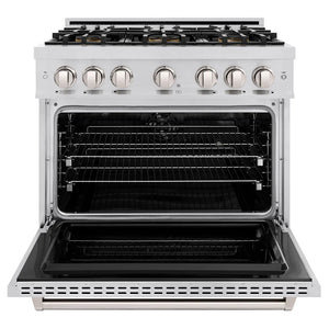 ZLINE 36 in. 5.2 cu. ft. Classic Dual Fuel Range with 6 Burner DuoPro™ Cooktop and Electric Convection Oven in Stainless Steel (PCDR36) front, oven open.