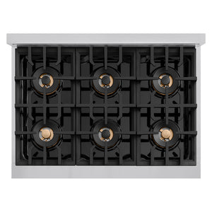 ZLINE 36 in. 5.2 cu. ft. Classic Dual Fuel Range with 6 Burner DuoPro™ Cooktop and Electric Convection Oven in Stainless Steel (PCDR36) top-down, above cooktop.