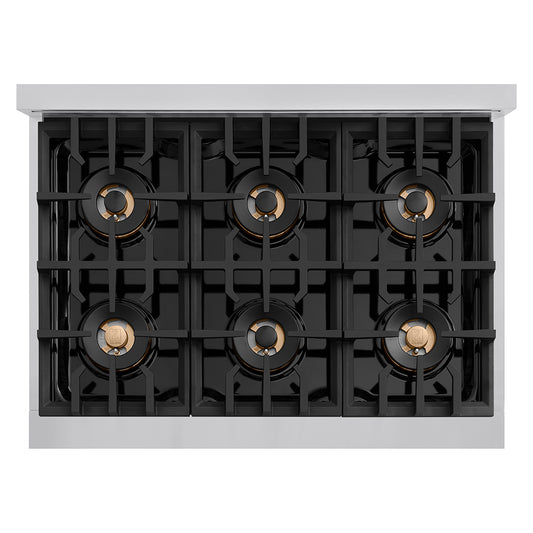 ZLINE 36 in. 5.2 cu. ft. Classic Dual Fuel Range with 6 Burner DuoPro™ Cooktop and Electric Convection Oven in Stainless Steel (PCDR36) top-down, above cooktop.