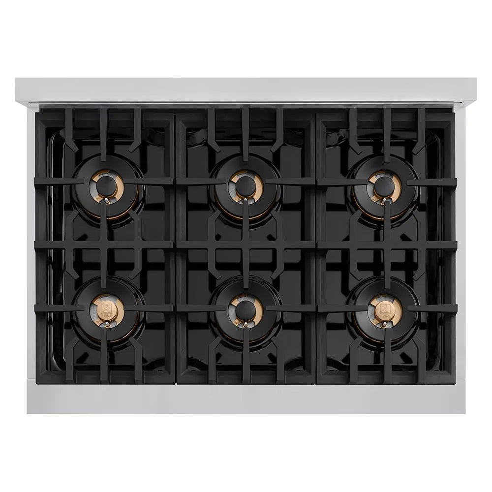 ZLINE 36 in. 5.2 cu. ft. Classic Dual Fuel Range with 6 Burner DuoPro™ Cooktop and Electric Convection Oven in Stainless Steel (PCDR36) top-down, above cooktop.