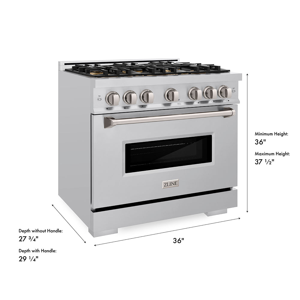 ZLINE 36 in. 5.2 cu. ft. Classic Dual Fuel Range with 6 Burner DuoPro™ Cooktop and Electric Convection Oven in Stainless Steel (PCDR36) dimensional diagram.