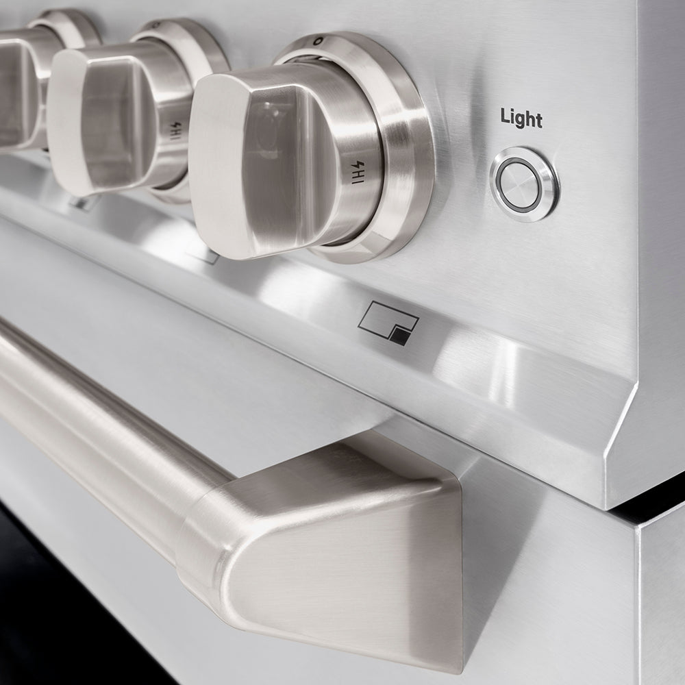 ZLINE 36 in. 5.2 cu. ft. Classic Dual Fuel Range with 6 Burner DuoPro™ Cooktop and Electric Convection Oven in Stainless Steel (PCDR36) cooktop and oven knobs.