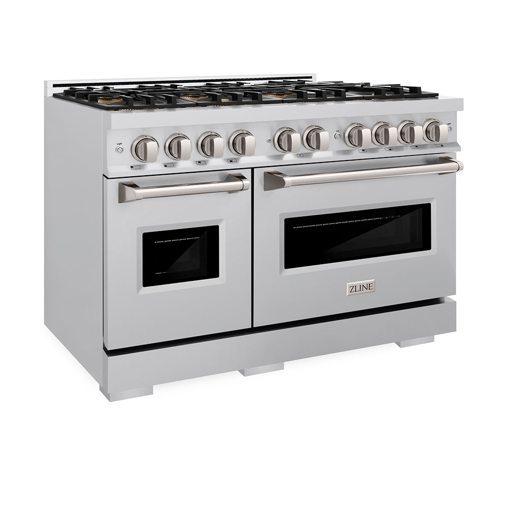 ZLINE 48 in. 6.7 cu. ft. Classic Dual Fuel Range with 8 Burner DuoPro™ Cooktop and Dual Ovens in Stainless Steel (PCDR48) side, oven closed.