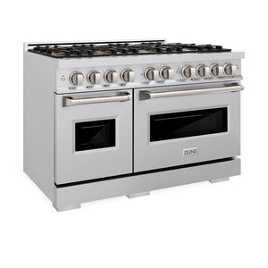 ZLINE 48 in. 6.7 cu. ft. Classic Dual Fuel Range with 8 Burner DuoPro™ Cooktop and Dual Ovens in Stainless Steel (PCDR48) side, oven closed.