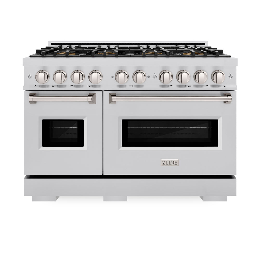 ZLINE 48 in. 6.7 cu. ft. Classic Dual Fuel Range with 8 Burner DuoPro™ Cooktop and Dual Ovens in Stainless Steel (PCDR48) front, oven closed.