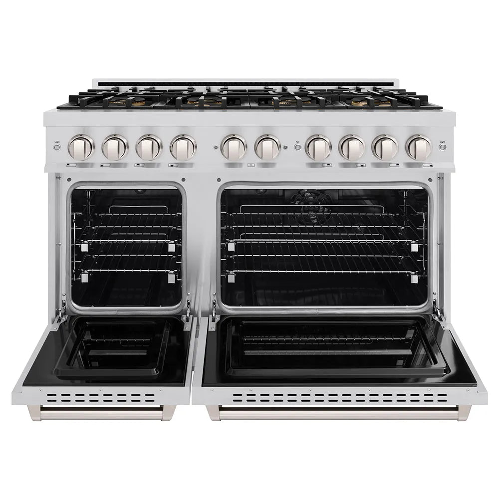 ZLINE 48 in. 6.7 cu. ft. Classic Dual Fuel Range with 8 Burner DuoPro™ Cooktop and Dual Ovens in Stainless Steel (PCDR48) front, oven open.