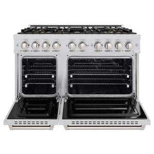ZLINE 48 in. 6.7 cu. ft. Classic Dual Fuel Range with 8 Burner DuoPro™ Cooktop and Dual Ovens in Stainless Steel (PCDR48) front, oven open.