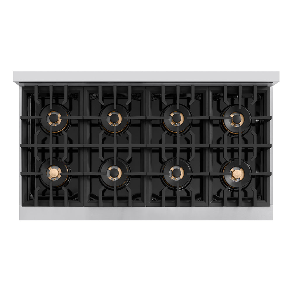 ZLINE 48 in. 6.7 cu. ft. Classic Dual Fuel Range with 8 Burner DuoPro™ Cooktop and Dual Ovens in Stainless Steel (PCDR48) top-down, above cooktop.