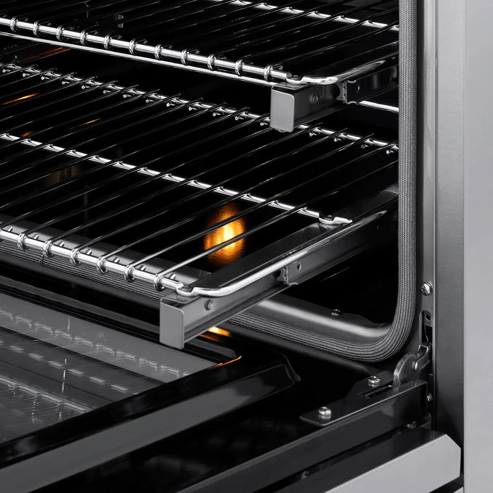 ZLINE 48 in. 6.7 cu. ft. Classic Dual Fuel Range with 8 Burner DuoPro™ Cooktop and Dual Ovens in Stainless Steel (PCDR48) close-up, Smooth Glide oven racks.