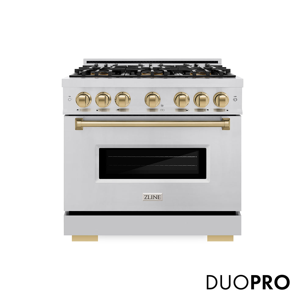 ZLINE Autograph Edition 36 in. 5.2 cu. ft. Classic Dual Fuel Range with 6 Burner DuoPro™ Cooktop and Electric Convection Oven in Stainless Steel and Champagne Bronze Accents (PCDRZ-36-CB) front, with DuoPro™ logo.