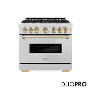 ZLINE Autograph Edition 36 in. 5.2 cu. ft. Classic Dual Fuel Range with 6 Burner DuoPro™ Cooktop and Electric Convection Oven in Stainless Steel and Champagne Bronze Accents (PCDRZ-36-CB) front, with DuoPro™ logo.