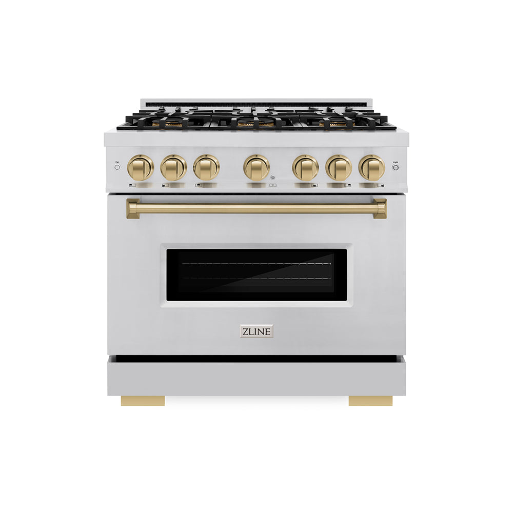 ZLINE Autograph Edition 36 in. 5.2 cu. ft. Classic Dual Fuel Range with 6 Burner DuoPro™ Cooktop and Electric Convection Oven in Stainless Steel and Champagne Bronze Accents (PCDRZ-36-CB) front.