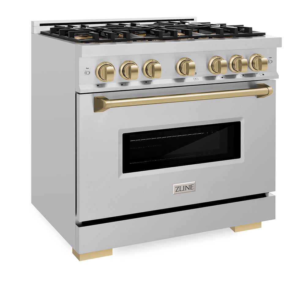 ZLINE Autograph Edition 36 in. 5.2 cu. ft. Classic Dual Fuel Range with 6 Burner DuoPro™ Cooktop and Electric Convection Oven in Stainless Steel and Champagne Bronze Accents (PCDRZ-36-CB) side, oven closed.