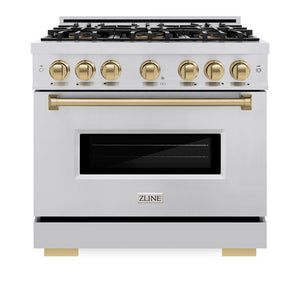 ZLINE Autograph Edition 36 in. 5.2 cu. ft. Classic Dual Fuel Range with 6 Burner DuoPro™ Cooktop and Electric Convection Oven in Stainless Steel and Champagne Bronze Accents (PCDRZ-36-CB) front, oven closed.