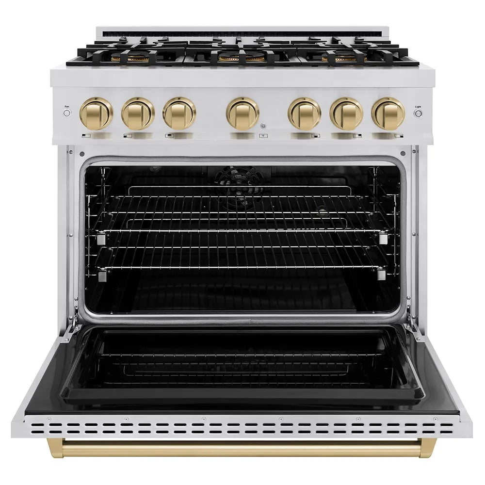 ZLINE Autograph Edition 36 in. 5.2 cu. ft. Classic Dual Fuel Range with 6 Burner DuoPro™ Cooktop and Electric Convection Oven in Stainless Steel and Champagne Bronze Accents (PCDRZ-36-CB) front, oven open.