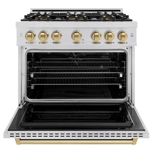 ZLINE Autograph Edition 36 in. 5.2 cu. ft. Classic Dual Fuel Range with 6 Burner DuoPro™ Cooktop and Electric Convection Oven in Stainless Steel and Champagne Bronze Accents (PCDRZ-36-CB) front, oven open.