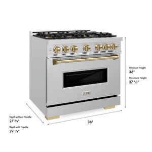 ZLINE Autograph Edition 36 in. 5.2 cu. ft. Classic Dual Fuel Range with 6 Burner DuoPro™ Cooktop and Electric Convection Oven in Stainless Steel and Champagne Bronze Accents (PCDRZ-36-CB) dimensional diagram.