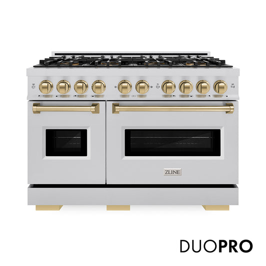ZLINE Autograph Edition 48 in. 6.7 cu. ft. Classic Dual Fuel Range with 8 Burner DuoPro™ Cooktop and Dual Ovens in Stainless Steel and Champagne Bronze Accents (PCDRZ-48-CB) front, with DuoPro™ logo.