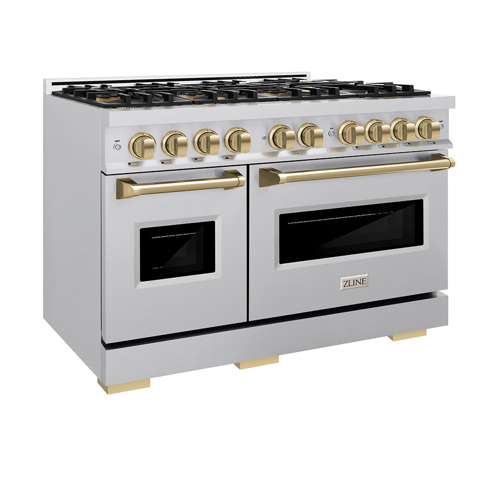 ZLINE Autograph Edition 48 in. 6.7 cu. ft. Classic Dual Fuel Range with 8 Burner DuoPro™ Cooktop and Dual Ovens in Stainless Steel and Champagne Bronze Accents (PCDRZ-48-CB) side, oven closed.