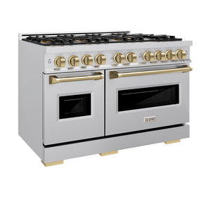 ZLINE Autograph Edition 48 in. 6.7 cu. ft. Classic Dual Fuel Range with 8 Burner DuoPro™ Cooktop and Dual Ovens in Stainless Steel and Champagne Bronze Accents (PCDRZ-48-CB) side, oven closed.