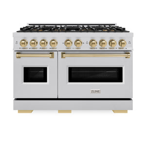 ZLINE Autograph Edition 48 in. 6.7 cu. ft. Classic Dual Fuel Range with 8 Burner DuoPro™ Cooktop and Dual Ovens in Stainless Steel and Champagne Bronze Accents (PCDRZ-48-CB) front, oven closed.