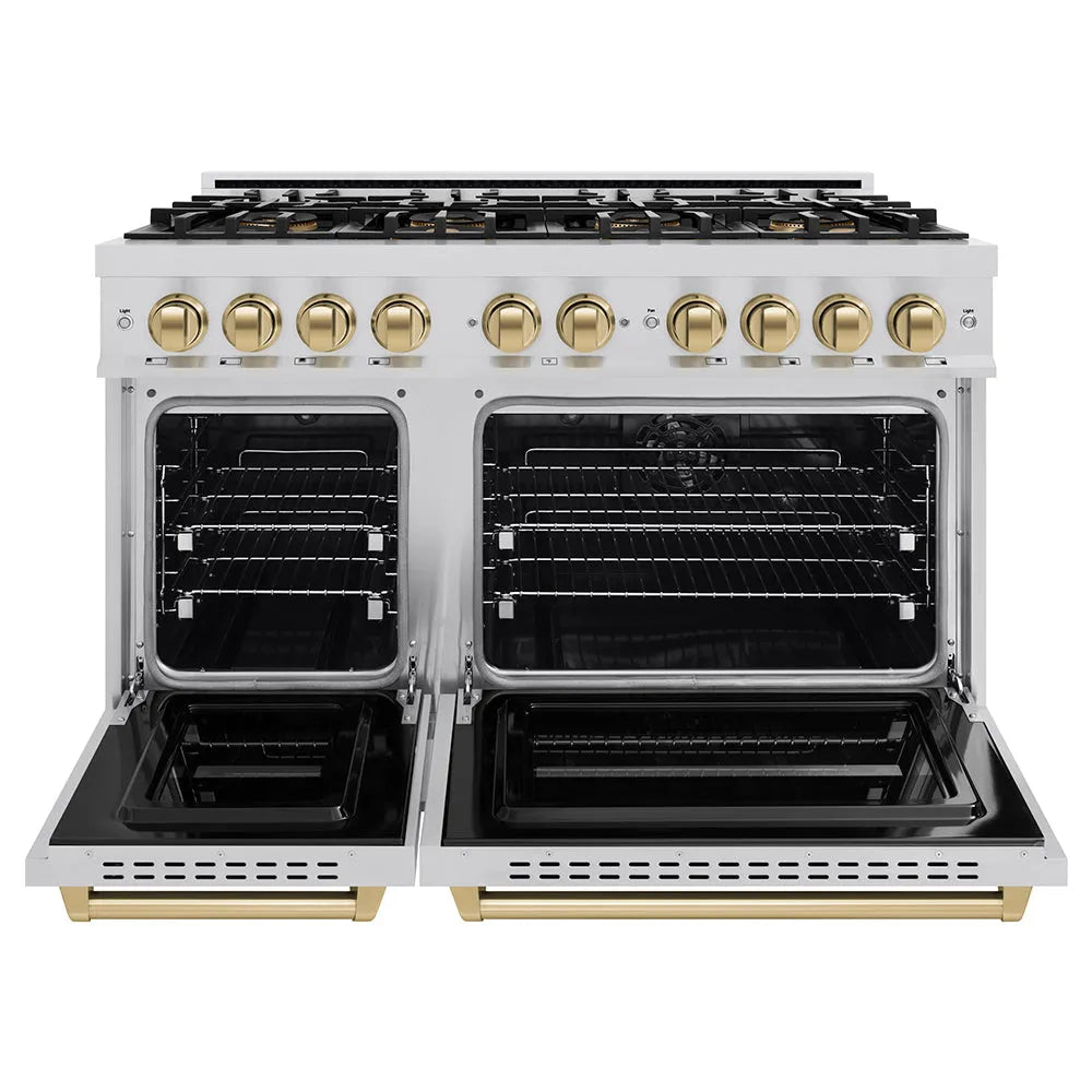 ZLINE Autograph Edition 48 in. 6.7 cu. ft. Classic Dual Fuel Range with 8 Burner DuoPro™ Cooktop and Dual Ovens in Stainless Steel and Champagne Bronze Accents (PCDRZ-48-CB) front, oven open.