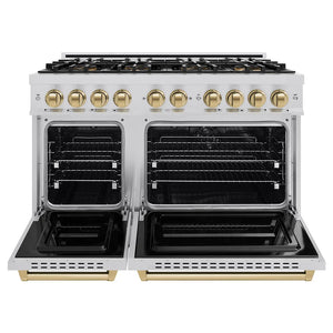 ZLINE Autograph Edition 48 in. 6.7 cu. ft. Classic Dual Fuel Range with 8 Burner DuoPro™ Cooktop and Dual Ovens in Stainless Steel and Champagne Bronze Accents (PCDRZ-48-CB) front, oven open.
