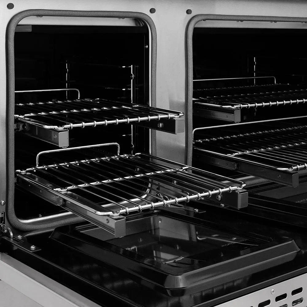 ZLINE Autograph Edition 48 in. 6.7 cu. ft. Classic Dual Fuel Range with 8 Burner DuoPro™ Cooktop and Dual Ovens in Stainless Steel and Champagne Bronze Accents (PCDRZ-48-CB) open oven with racks inside, showing interior design and layout.