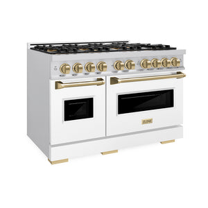 ZLINE Autograph Edition 48 in. 6.7 cu. ft. Classic Dual Fuel Range with 8 Burner DuoPro™ Cooktop and Dual Ovens with White Matte Doors and Champagne Bronze Accents (PCDRZ-WM-48-CB) side.