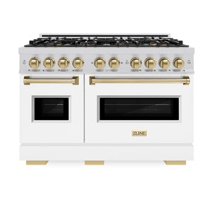ZLINE Autograph Edition 48 in. 6.7 cu. ft. Classic Dual Fuel Range with 8 Burner DuoPro™ Cooktop and Dual Ovens with White Matte Doors and Champagne Bronze Accents (PCDRZ-WM-48-CB) front, oven closed.