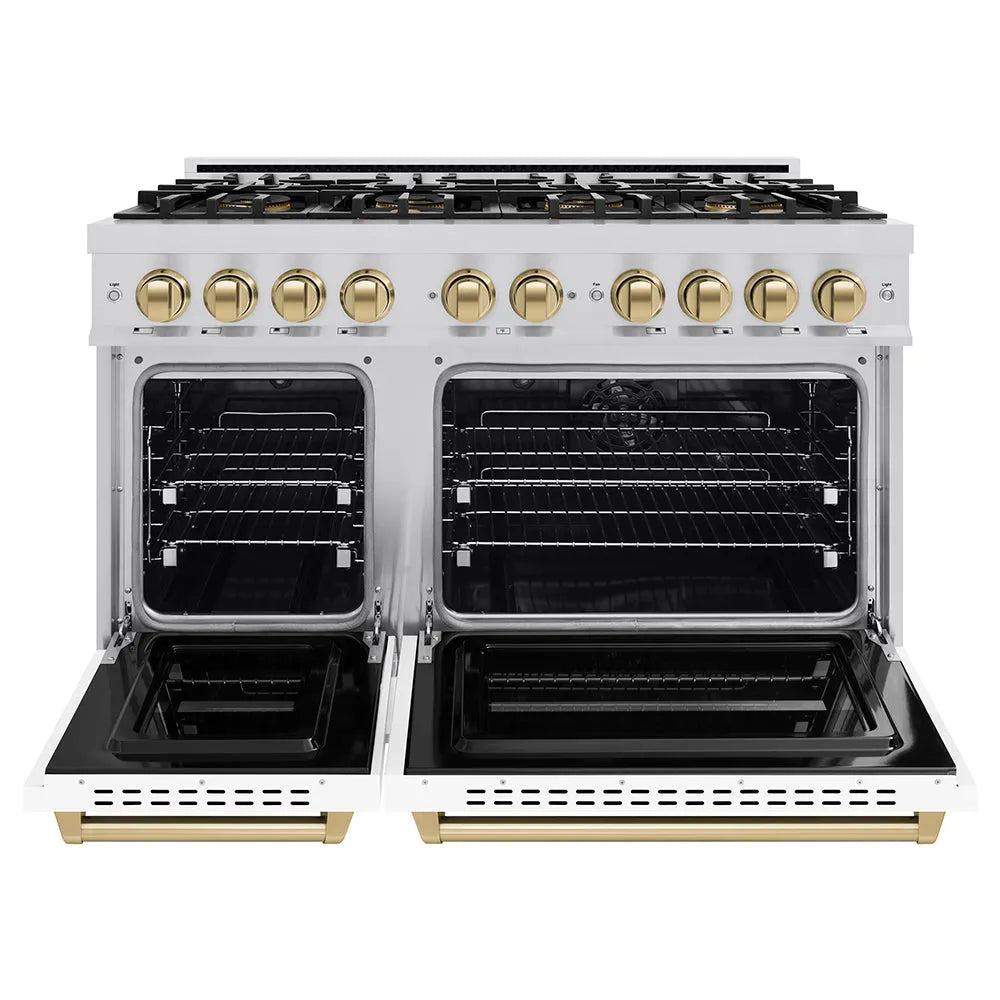 ZLINE Autograph Edition 48 in. 6.7 cu. ft. Classic Dual Fuel Range with 8 Burner DuoPro™ Cooktop and Dual Ovens with White Matte Doors and Champagne Bronze Accents (PCDRZ-WM-48-CB) front, oven open.