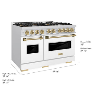 ZLINE Autograph Edition 48 in. 6.7 cu. ft. Classic Dual Fuel Range with 8 Burner DuoPro™ Cooktop and Dual Ovens with White Matte Doors and Champagne Bronze Accents (PCDRZ-WM-48-CB) dimensional diagram.